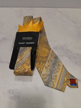 Sparks John Sparks Gold & Tan Patterned Tie with Pocket Square Brand New